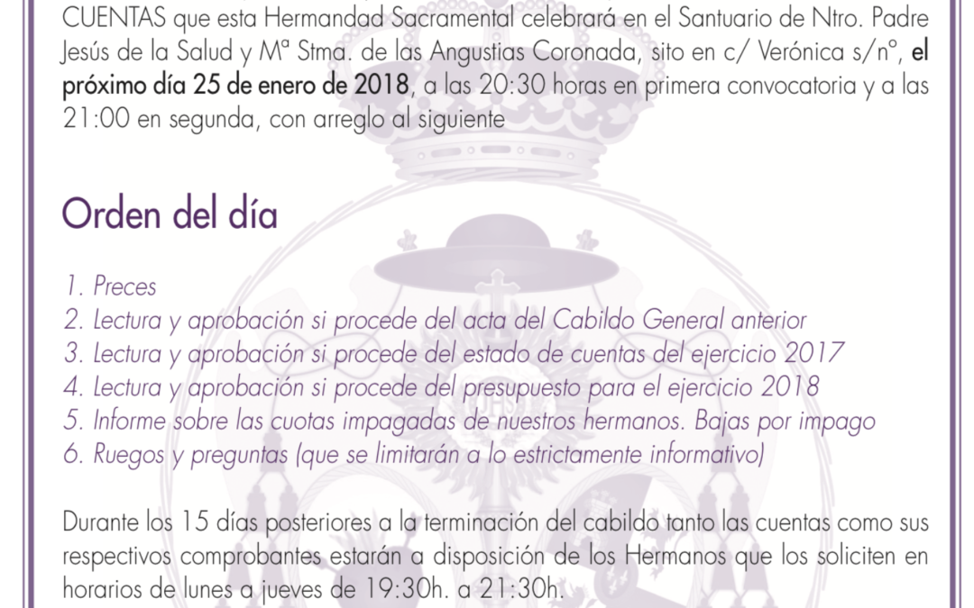 Convocatoria de Cabildo General de Cuentas.