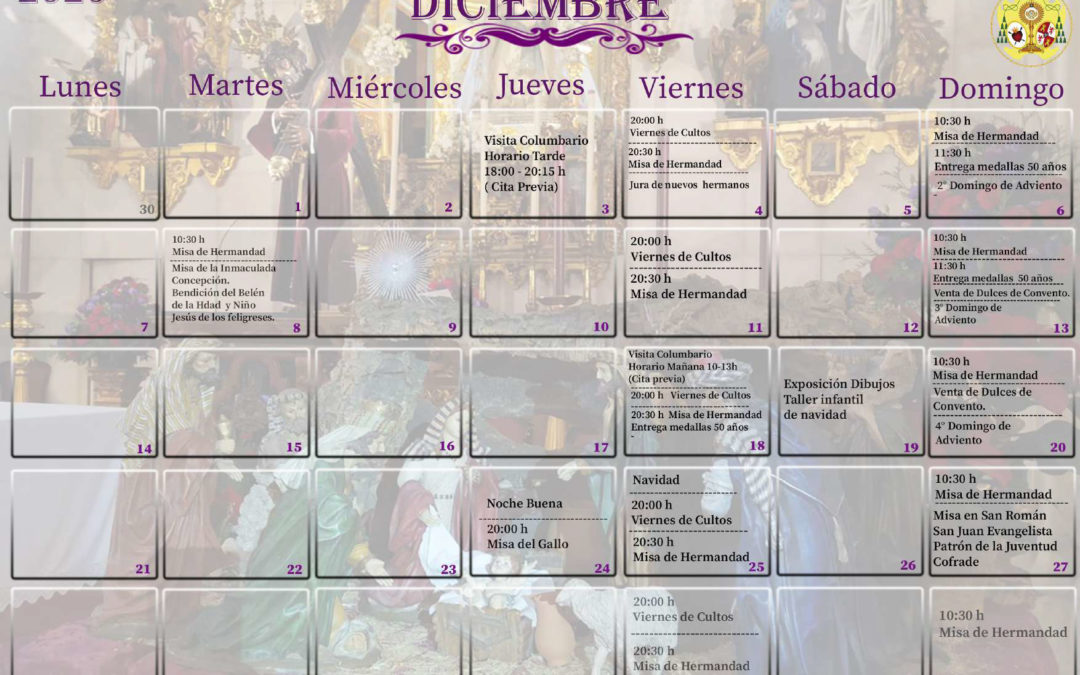 Calendario mes de diciembre 2020